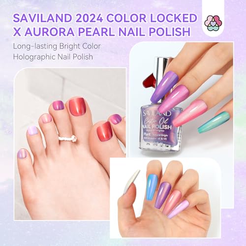 SAVILAND Aurora Nail Polish Set - 12 Shimmer & Holographic Quick-Dry Non-Gel Polish (Glossy, Pearl, Duochrome) with Base & Top Nail Coat, Salon & DIY Essentials for Nail Art