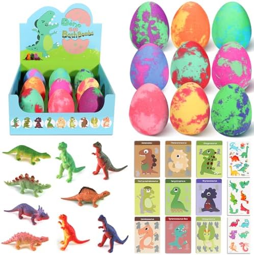 Bath Bombs for Kids with Surprise Toys Inside - 9 Pack Organic Dinosaur Bath Bombs Gift Set, Bubble Bath Fizzers, Dinosaur Toys for Kid 3 4 5 6 7 8 9 Years, Birthday Gifts for Kids Boys
