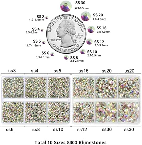 Beadsland 8300PCS Flatback Rhinestones, AB Crystal Rhinestone Round Crystal Rhinestones for Crafts, Mixed 10 Sizes with Wax Pencil and Tweezer Kit, SS3-SS30, Crystal AB