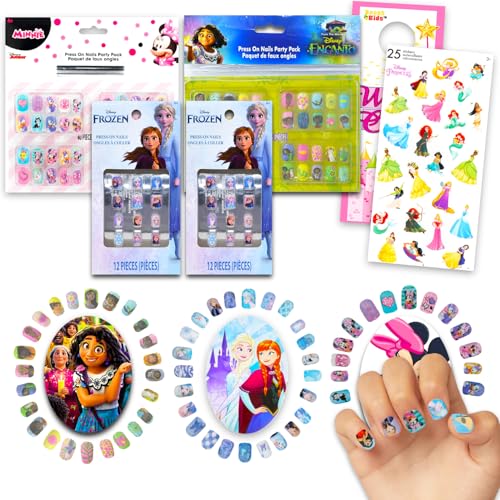 Encanto, Minnie Mouse, Frozen Press on Nails Set for Girls, Kids - Bundle with 3 Pack 100 +Stick on Nails Plus Stickers, More | Disney Dress Up Accessories