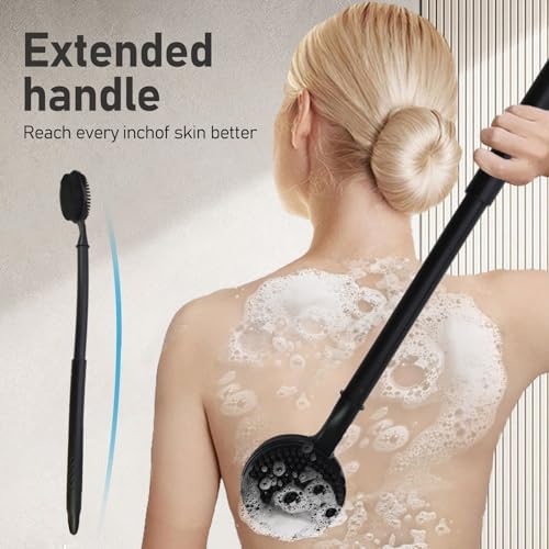 24 Inches Adjustable Bath Brush Long Handle for Shower，Dual-Sided Silicone Back Scrubber for Shower Exfoliating & Massage - Perfect for Elderly, Disabled, Limited Arm Movement (Black)