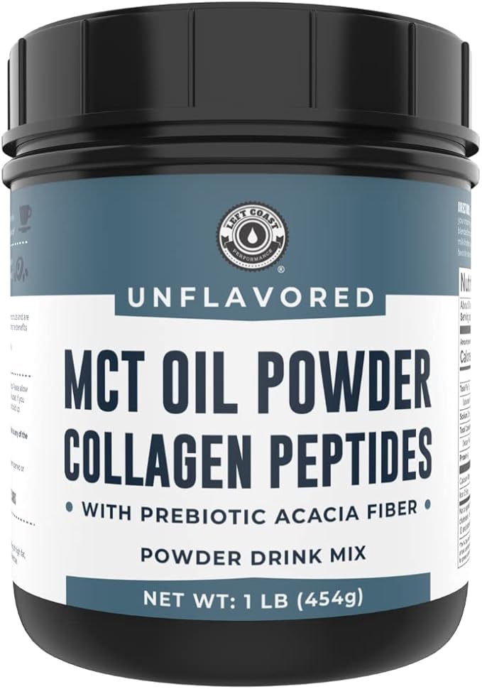 MCT Oil Powder + Keto Collagen Peptides + Acacia Fibre 16oz (Unflavored). 10g MCT, 5g Collagen. MCT Collagen for Coffee Creamer, Shakes, Smoothies, Ketogenic Low Carb Protein Powder