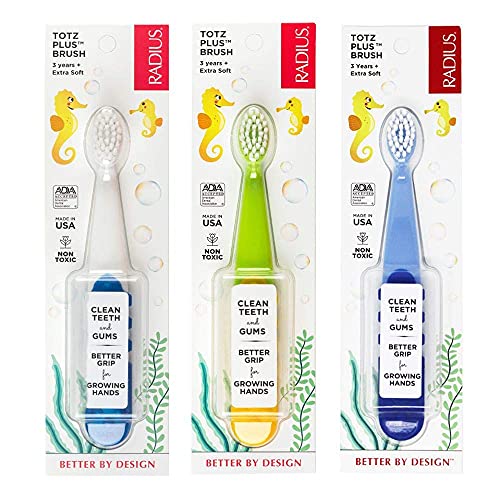 RADIUS Children's Toothbrush, Totz Plus Brush, Extra Soft Bristles, White/Green/Lightblue, BPA Free & ADA Accepted, for Delicate Teeth & Gums for Children 3 Years & Up, Pack of 3