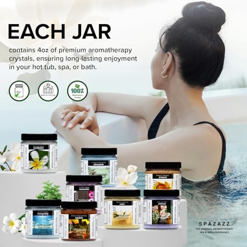 Hot Tub Aromatherapy Bath Salt 8-Pack Botanicals Bundle (4oz) - Apple Sandalwood, French Vanilla, Flora Wood, Ocean Breeze Pina Colada, Honey Mango,Tropical Rain, Eucalyptus, with Hot Cold Towel