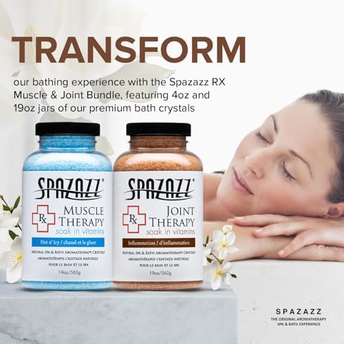 Spazazz Hot Tub Aromatherapy Spa and Bath Salts Crystals 2 Pack Bundle- One 19 Oz Jar Each Spazazz Muscle Therapy and Joint Therapy Plus a 5 Point Massager- Safe for All Spa and Hot Tub