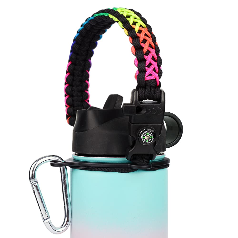 Paracord Handle - Fits Wide Mouth Bottles 12oz to 64oz - Durable Carrier, Paracord Carrier Strap Cord with Safety Ring,Compass and Carabiner - Ideal Water Bottle Handle Strap (Rainbow Grid)