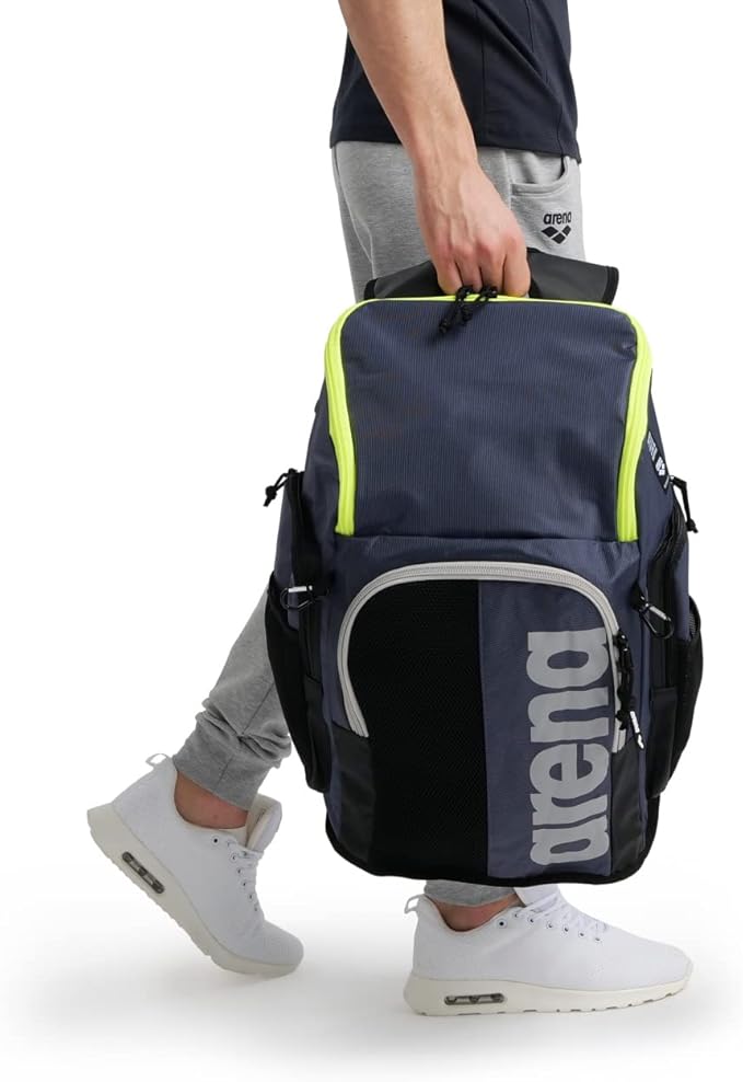 Arena Spiky III Backpack 45 Swimming Athlete Sports Gym Rucksack Large Training Gear Equipment Swim Bag for Men and Women, 45 Liters, Navy/Neon Yellow