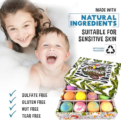 Bath Bombs for Kids with Surprise Inside, 12 Bubble Bath Fizzies with Jungle Animal Toys. Moisturizing, Gentle & Kids Safe, Rainbow Spa Bath Fizz, Birthday Gifts for Boys, Girls