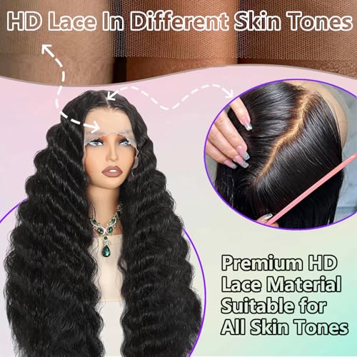13X6 HD Lace Front Wig,30Inch Glueless Loose Deep Wave Wig Natural Black.Synthetic Lace Front Wigs Human Hair Touch,Vogue Highlight Technology-Premium Fiber & Human Hair Blended.