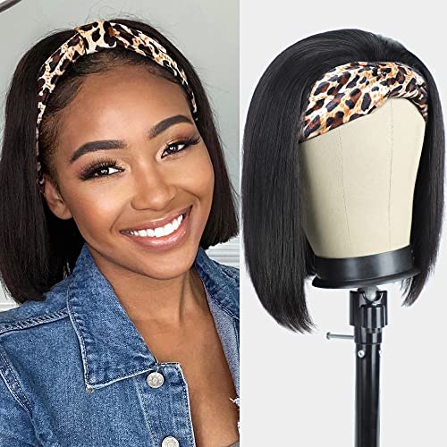 AISI Headband Wigs Human Hair Bob Headband Wigs for Black Women Easy Put On and Go Glueless Wig Short Straight Wigs Machine Made 150% Density No Lace Wig Natural Color(10 Inch)
