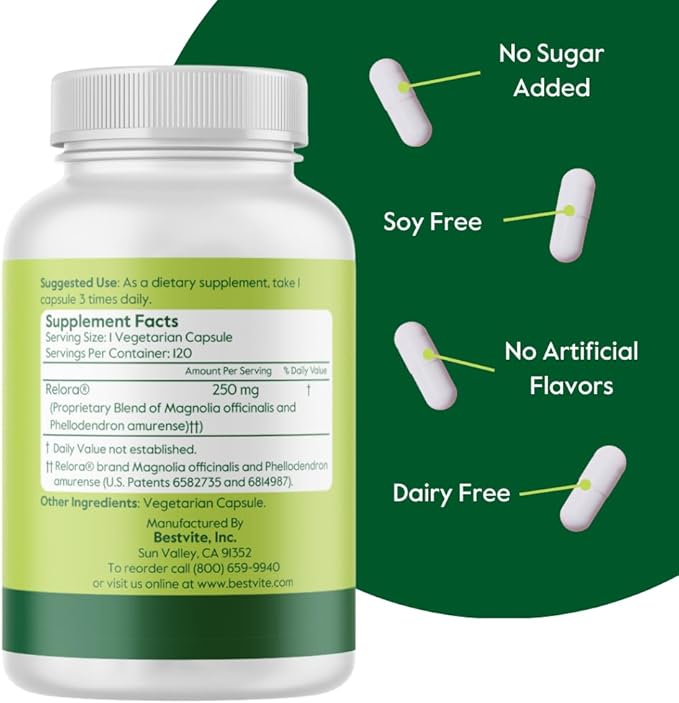 BESTVITE Relora 250mg (240 Vegetarian Capsules) (120 x 2) No Fillers - No Stearates - No Flow Agents