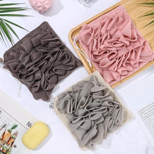 6 Pcs Washcloth Loofah Combo, 2 in 1 Bath Loofah Sponge with Drawstring, Exfoliation Mesh Shower Puff Ball for Body Wash Cleansing and Smooth Skin(Multicolor)