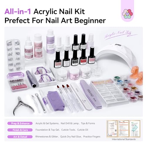 SAVILAND Essentials Acrylic Nail Kit: All-In-1 Nails Kit Acrylic Set with 88W Nail Lamp EMA Monomer Gel Nail Polish Nail Drill Cuticle Remover Home DIY Starter