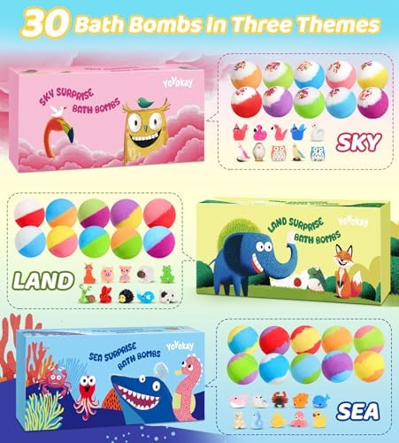 Bath Bombs for Kids with Toys Inside, 30 Pack Kids Bath Bombs Gift Set with 30 Sea & Land & Sky Animal Surprise Toy, Natural Organic Bubble Bath Toys for Kid, Birthday Gifts for Girls Boys
