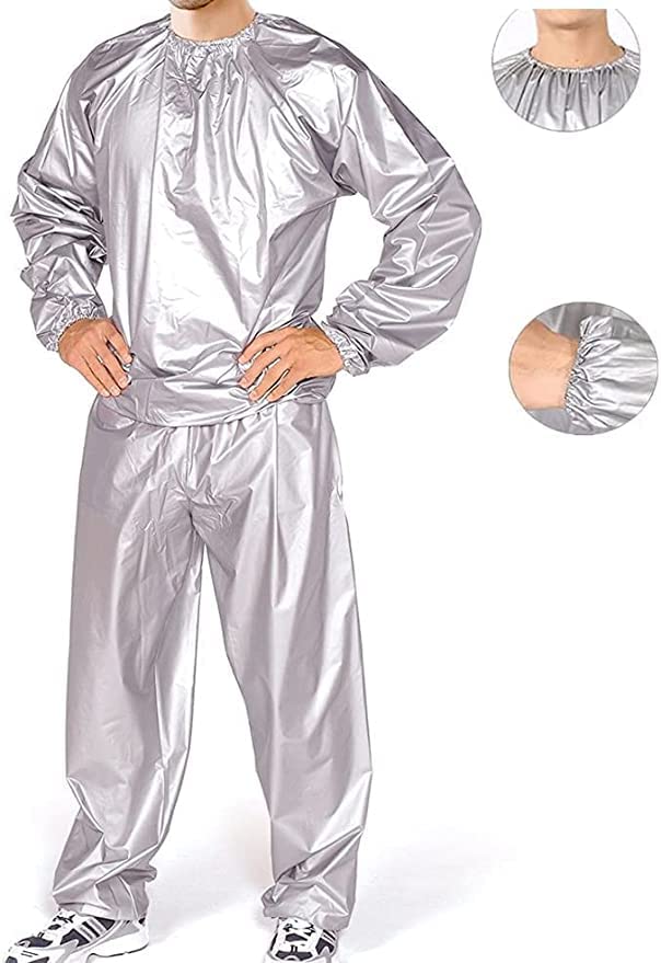 Heavy Duty Sauna Suit Men Women Weight Loss Exercise Slimming Gym Fitness Workout Anti-Rip Sweat Suit (Silver, M)