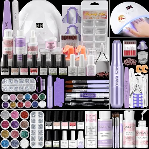 SAVILAND Essentials Acrylic Nail Kit: All-In-1 Nails Kit Acrylic Set with 88W Nail Lamp EMA Monomer Gel Nail Polish Nail Drill Cuticle Remover Home DIY Starter