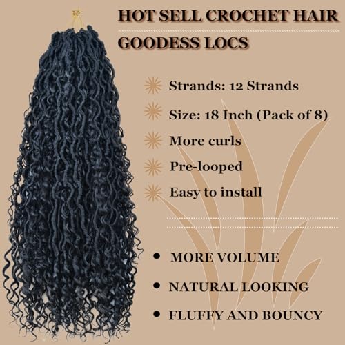 8 Packs Goddess Locs Crochet Hair for Black Women 18 Inch, Pre-looped Faux Locs with Curly Ends Long River Crochet Hair for Black Women Hair Extensions(1B,18 Inch)