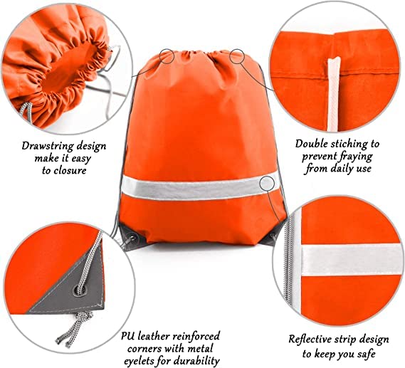 BeeGreen Orange Drawstring Backpack Bulk 20 Pieces Wholesale, String Backpack for Party Gym Sport Trip, Reflective Strips Cinch Sack with String, DIY Drawstring Bags for Women and Men