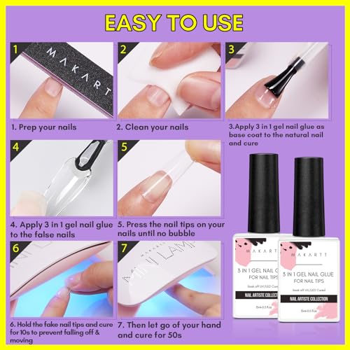 Makartt Nail Glue for Acrylic Nails UV Gel Curing Needed 3 in 1 Super Strong Brush on Nails Glue for Press on Nails Soak Off for Gel Nail Tips Nail Adhesive Bond Nail Base Coat Slip Solution 15ML 2pcs
