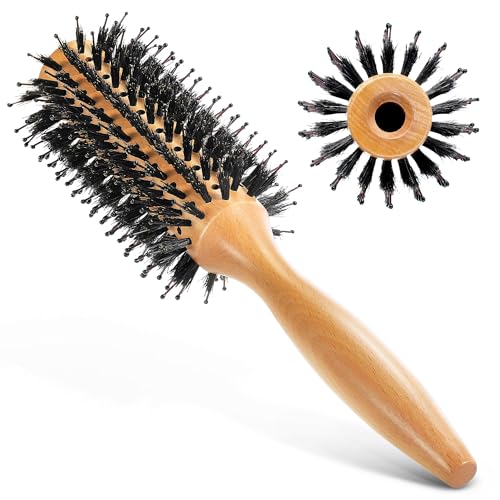 BFWood Round Brush for Blow Out, 1.2 Inch Natural Wooden Boar Bristle Hair Brush for Blow Drying, Curling, Styling & Volume