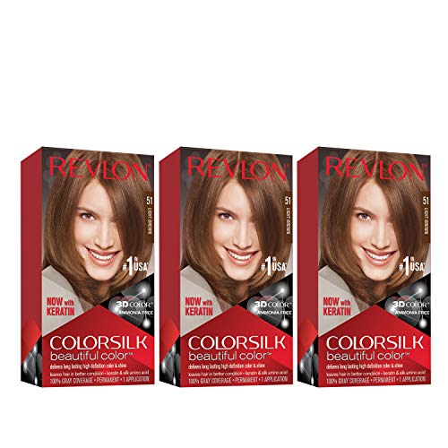 Revlon Permanent Hair Color, Permanent Hair Dye, Colorsilk with 100% Gray Coverage, Ammonia-Free, Keratin and Amino Acids, 51 light Brown, 4.4 Oz (Pack of 3)