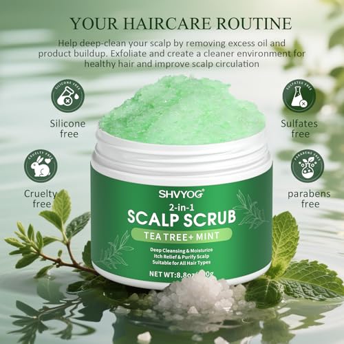 SHVYOG Scalp & Body Scrub, Tea Tree Exfoliator Scrub Shampoo with Peppermint & Sea Salt, Anti-Dandruff Detox Clarifying Exfoliator for Build Up, Itchy Scalp, Oily & Dry Hair with Scalp Massager