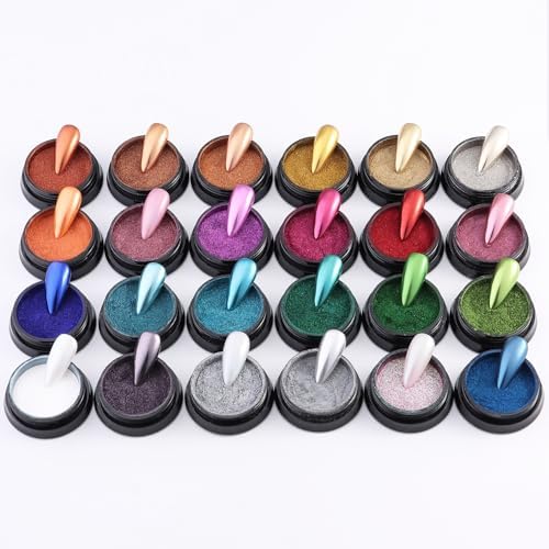 24 Colors Chrome Nail Powder Set Metallic Mirror Effect Gold Silver Pink Chrome Nail Powder White Pearl Iridescent Multi Chrome Powder for Nails Chameleon Rubbing Pigment Manicure Supplies
