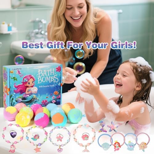 Girls Bath Bombs with Toys Inside for Kids, 12 Pcs Natural Mermaid Princess Bubble Bath Bomb with Jewelry Surprise Inside, Christmas Easter Basket Stuffer Valentines Day Birthday Gift Set