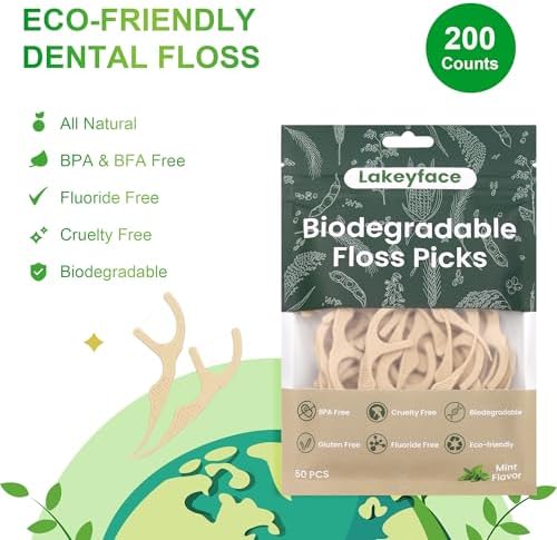 200 Count Biodegradable Dental Floss Picks, Eco Friendly Plant-Based Tooth Flossers for adults, Tear-Resistant Floss Sticks with Wide Handles, Vegan & BPA Free Dental Floss for Natural Oral Care, Mint