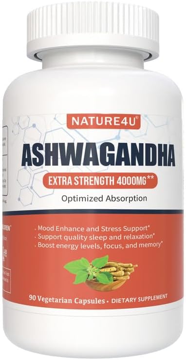 Ashwagandha 4000mg Extra Strength, Optimized Absorption with Black Pepper and Ginger Root, Natural Adaptogen Mood & Stress Support, Sleep & Energy Support, 90 Vegan Capsules