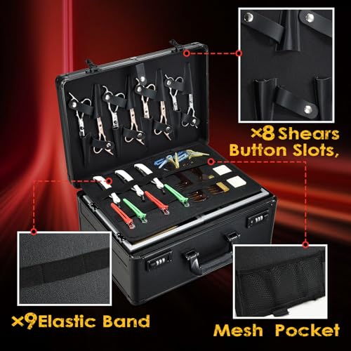 Barber Case 6 Clippers Sliding Tray, Profesional Barbers Briefcase Tool Case, Barber Cases for Clippers and Supplies, Hair Scissors Trimmer Organizer, Salon Hair Grooming Hard Travel Suitcase
