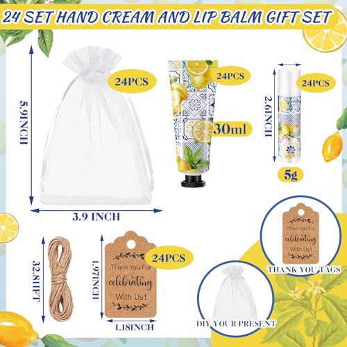 24 Sets Hand Cream and Lip Balm Gift Bridal Baby Shower Party Supply Travel Size Hand Lotion and Lip Balm Bulk with Organza Bag and Tag Wedding Bridal Baby Shower Party (Lemon)