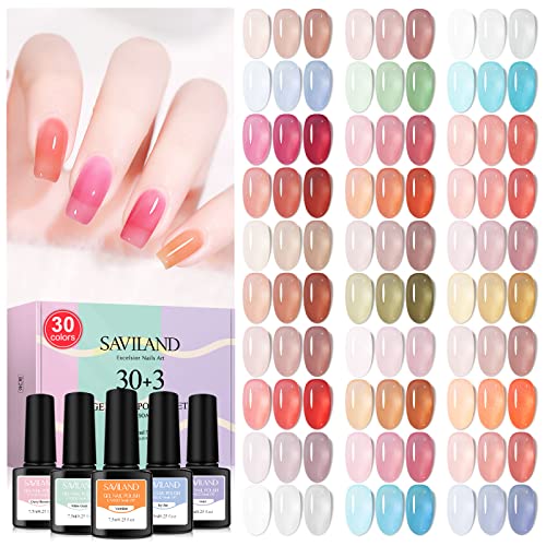 SAVILAND Jelly Gel Nail Polish Set, 30 Colors Translucent Nude Pink Transparent Nail Polish Set with 180 Sheer/Matte/Glossy Effects for Nail Salon DIY Home Christmas Holiday Gift Set