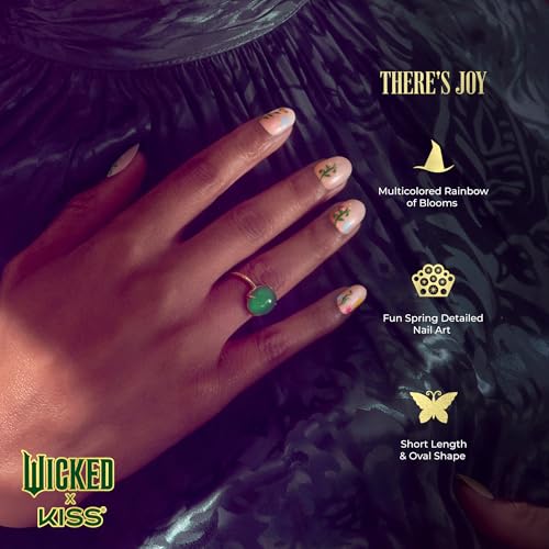 WICKED X KISS Press On Nails, ‘There's Joy’, Neutral, Short Oval, Waterproof, Chip Proof, Smudge Proof, 28 Fake Nails, Pink Gel Nail Glue (2g), Mini Nail File, & Manicure Stick