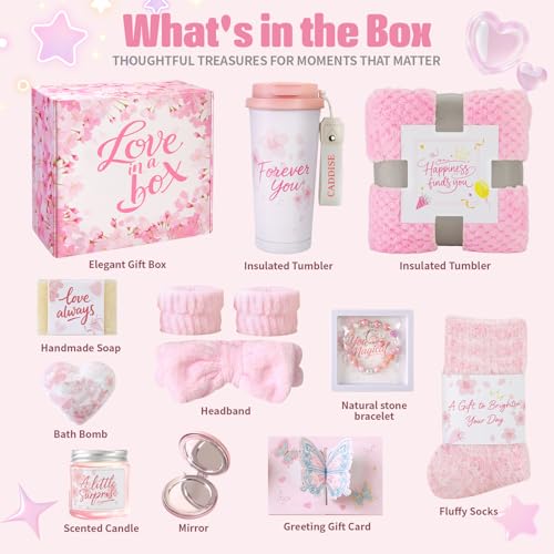 Birthday Gifts for Women, Gift Basket for Mom Wife Sister Her Friends, Luxury Self Care Spa Set with Blanket, Thank You Get Well Soon Holiday Gifts Box for Mother Valentine Day (Pink)