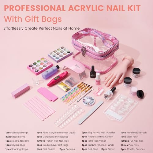 Acrylic Nail Kit with Everything: Beginners Practice Hand Acrylic Nail Powder Liquid Set with U V Lamp Drill in Gift Bag for Beginners Home Salon(Pink Bag)