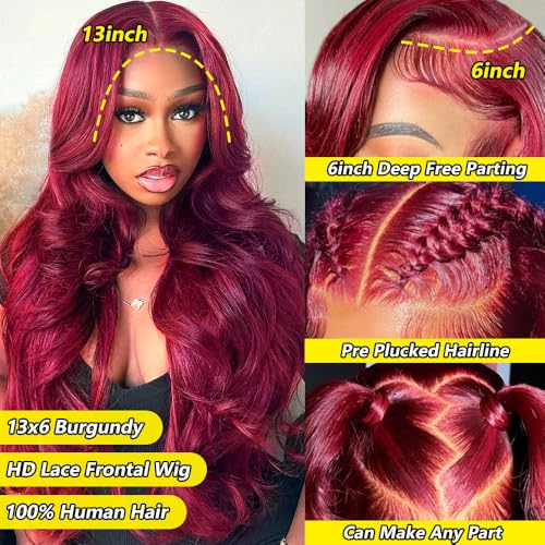 30inch 99j burgundy lace front wigs human hair 13x6 HD Body Wave Lace Front Wigs Human Hair 200 Density Pre Plucked Glueless Frontal Wigs Human Hair for Black Women