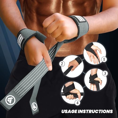 Detroy® Lifting Wrist Straps for Weightlifting, Deadlifts, Bodybuilding, Powerlifting, Gym Strength Training Workouts - Padded Neoprene with 24 inch Webbing Cotton with Silicone Grip for Men & Women (Grey & White)