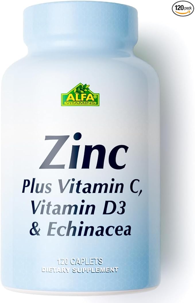 ALFA VITAMINS Zinc + Vitamin C, D3 & Echinacea Supplements, Immune Support Formula with Enhanced Absorption, Supports Bone Health, Immune Function, and Antioxidant Protection, 120 Caplets