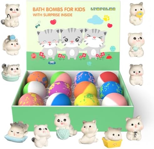 Bath Bombs for Kids, 12 Pack Natural Bath Bombs with Toys Inside, Organic Kids BathBombs with Surprise Cat Kitten Toys Inside, Toddler Bubble Bath Fizzy Shower Bombs for Girls Boys Kids Gift Set