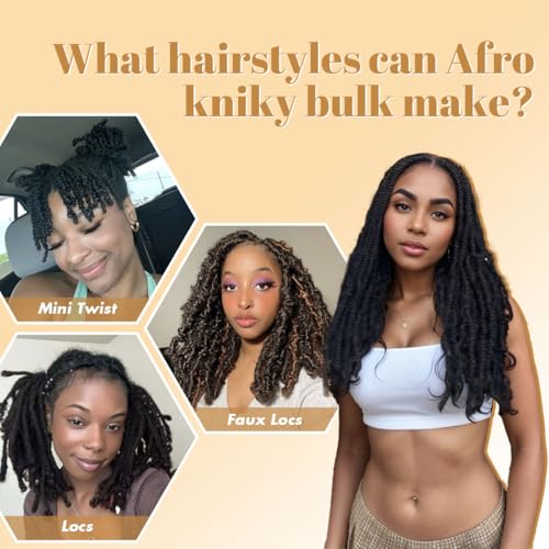 Afro Kinkys Bulk Human Hair, 16 inch 50 Gram 4c Curly Hair for Permanent Sister Locs/Mini Twists/Braids Can Dye and Bleach (Natural Black, 16 Inch)