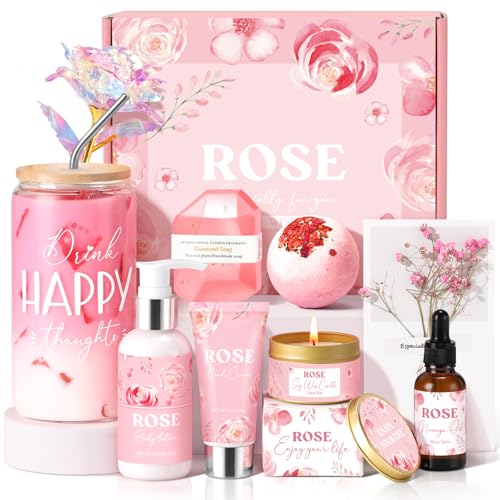 Birthday Gifts for Women, Rose Relaxing Spa Gift Basket for Women Friendship, Self Care Package Get Well Soon Thank You Gift Box, Mothers Day Gifts for Mom Her Sister Wife Best Friends Coworker Bestie
