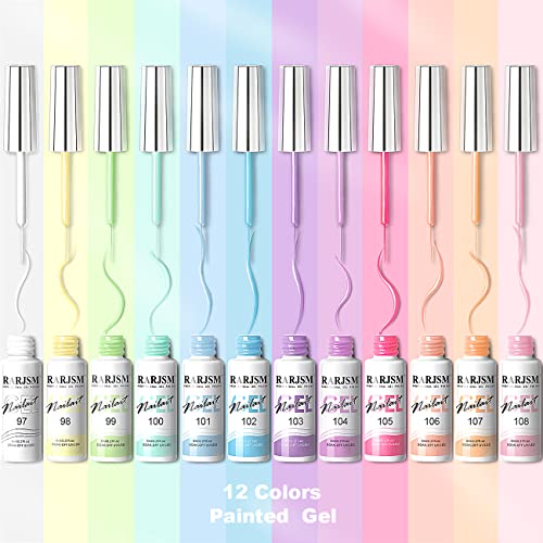 RARJSM Nail Art Gel Liner Painting Polish Set,12 Pastel Colors Spring Summer Collection,Painted Gel Nail Polish Set Build in Thin Brush Soak Off Curing Requires Salon DIY Nail Design Line Art 8ML