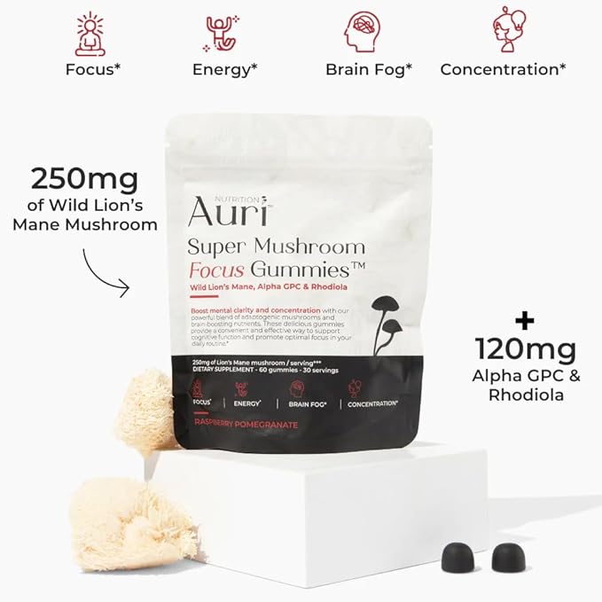 Auri Super Mushroom Focus Gummies - w/Lion's Mane, Alpha GPC & Rhodiola - Mushrooom Supplement to Support Cognitive Function, Mental Clarity, Focus & Energy | 60 Gummies, Vegan Friendly, Non GMOs