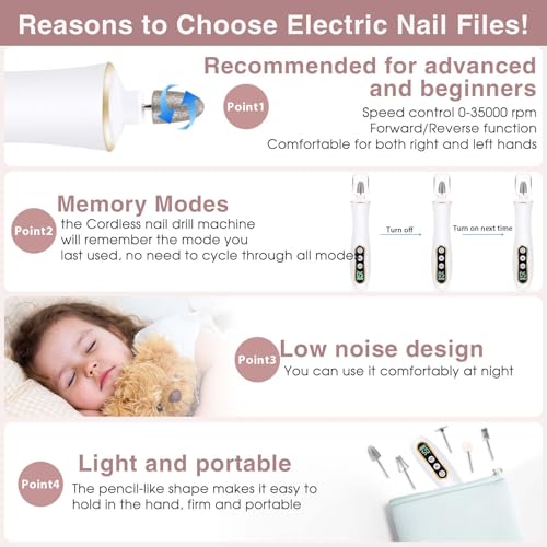 Professional Manicure Pedicure Kit, Cordless Electric Nail Drill with 360° LED light&10 Speeds, Rechargeable Pedicure Tools for feet, Hand Foot Care Nail Drill for Thick Nail Toenail Cuticle Women Men