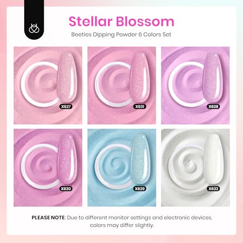 Beetles Dip Powder Nail Kit, 6 Colors Pink White Purple Powder Dipping Set Spring Colors for All Seasons, Blue Pink Glitter DIY Art Manicure No Need Nail Lamp Cured Gifts for Women
