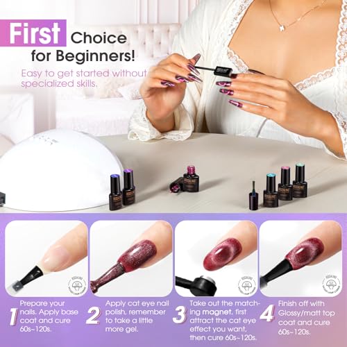 ROSALIND Cat Eye Gel Nail Polish Set with Magnet, 12 PCS Holographic Glitter Purple Blue Red Gel Polish Magnetic and Swirl Shell Thread Effect Sparkle Gel Polish Gifts for Women