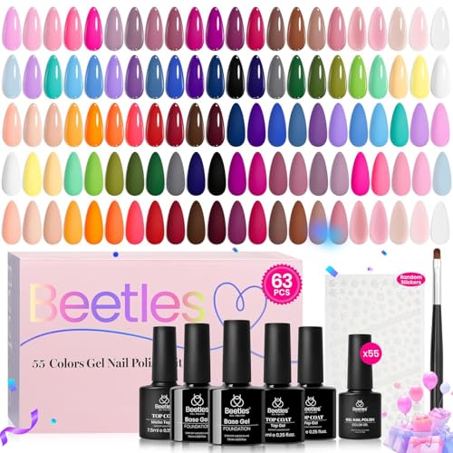 Beetles Gel Nail Polish Set - 63 PCS 55 Colors Summer Gel Polish Kit with 5 Bottles of Base and Glossy Matte Top Coat Soak off Nail Polish Set Pink Green Blue Red Collection Gifts for Women&Girls