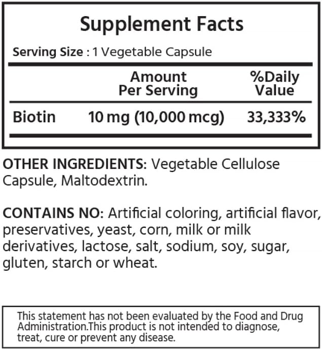 Biotin 10000 mcg 240 Vegetable Capsules. Supports Healthy Hair, Skin, Nails, and Energy Production.