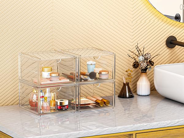 2 Pack Stackable Storage Drawers, Cosmetic Organizer, Acrylic Organiser,Desk Organisers, Dustproof Drawer Storage for Dresser, Bathroom